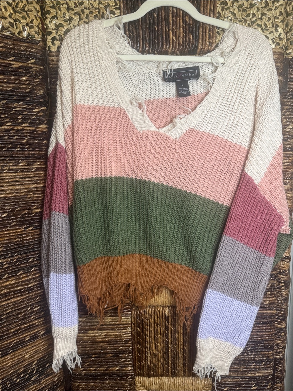 Women's Striped Distressed V-Neck Sweater - Pink, Green, Brown